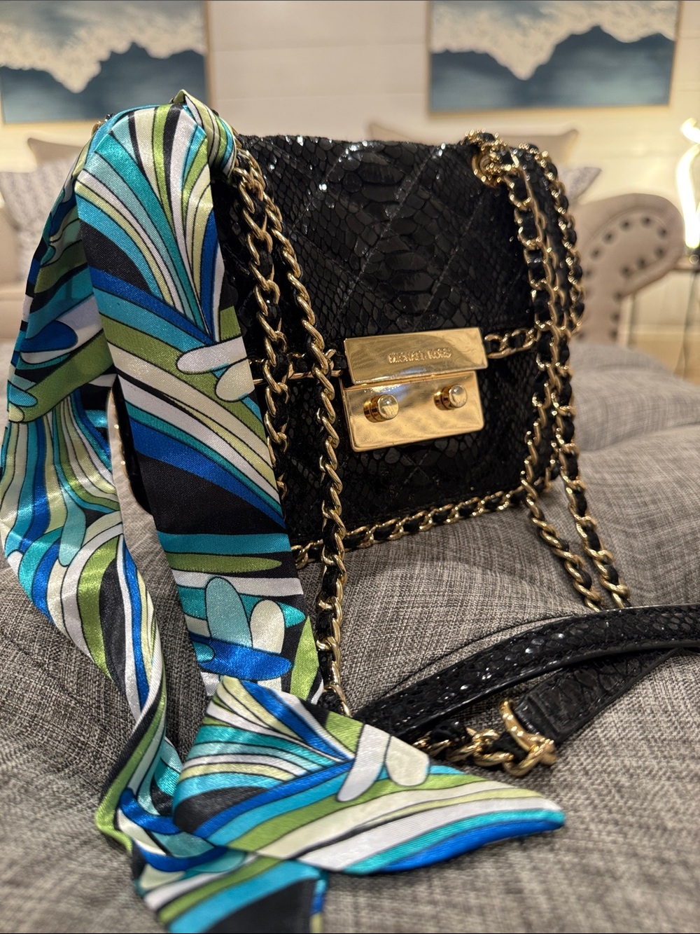 Michael Kors Bag Sloan Python Embossed Black Leather Convertible Crossbody - Picture 3 of 17